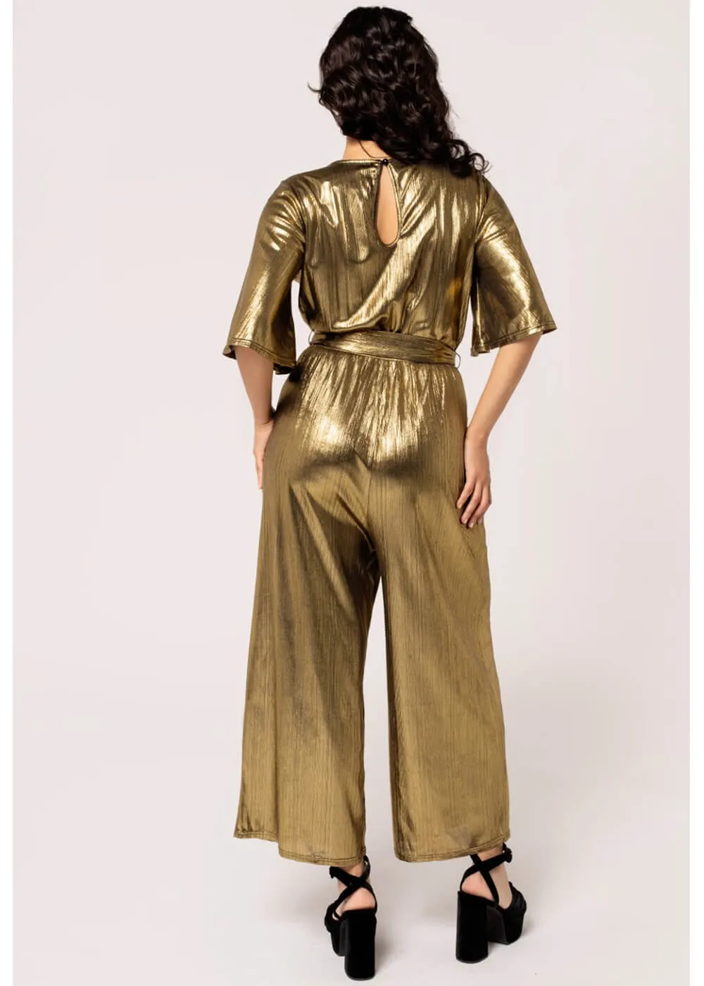 Hell Bunny Gigi Metallic 70's Jumpsuit Gold