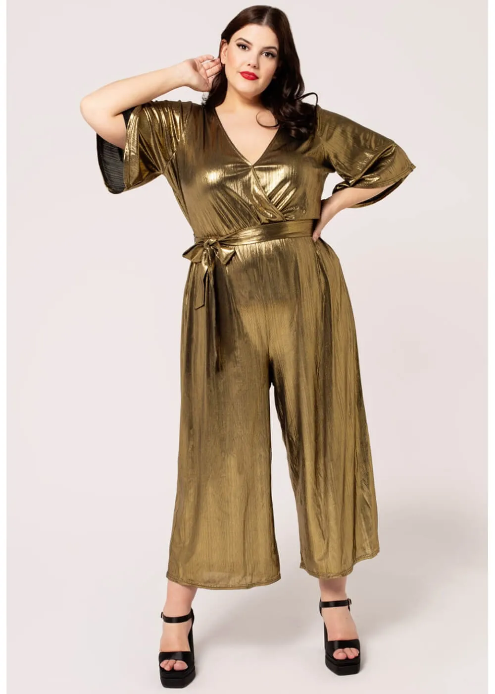 Hell Bunny Gigi Metallic 70's Jumpsuit Gold