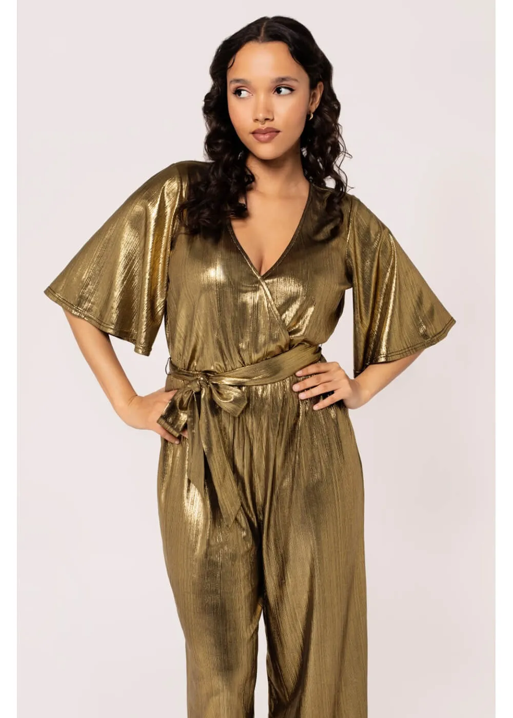 Hell Bunny Gigi Metallic 70's Jumpsuit Gold