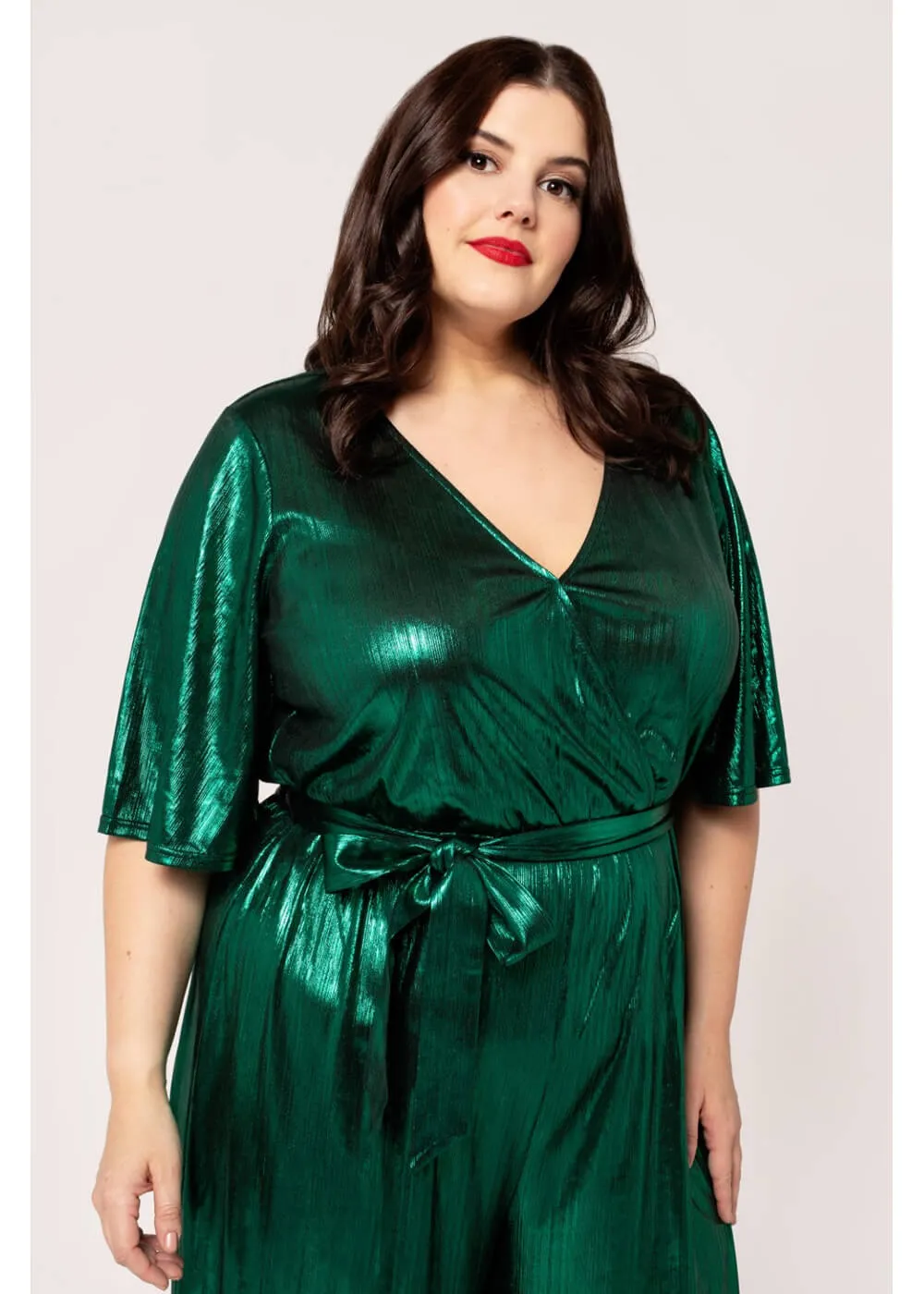 Hell Bunny Gigi Metallic 70's Jumpsuit Green