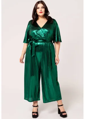 Hell Bunny Gigi Metallic 70's Jumpsuit Green