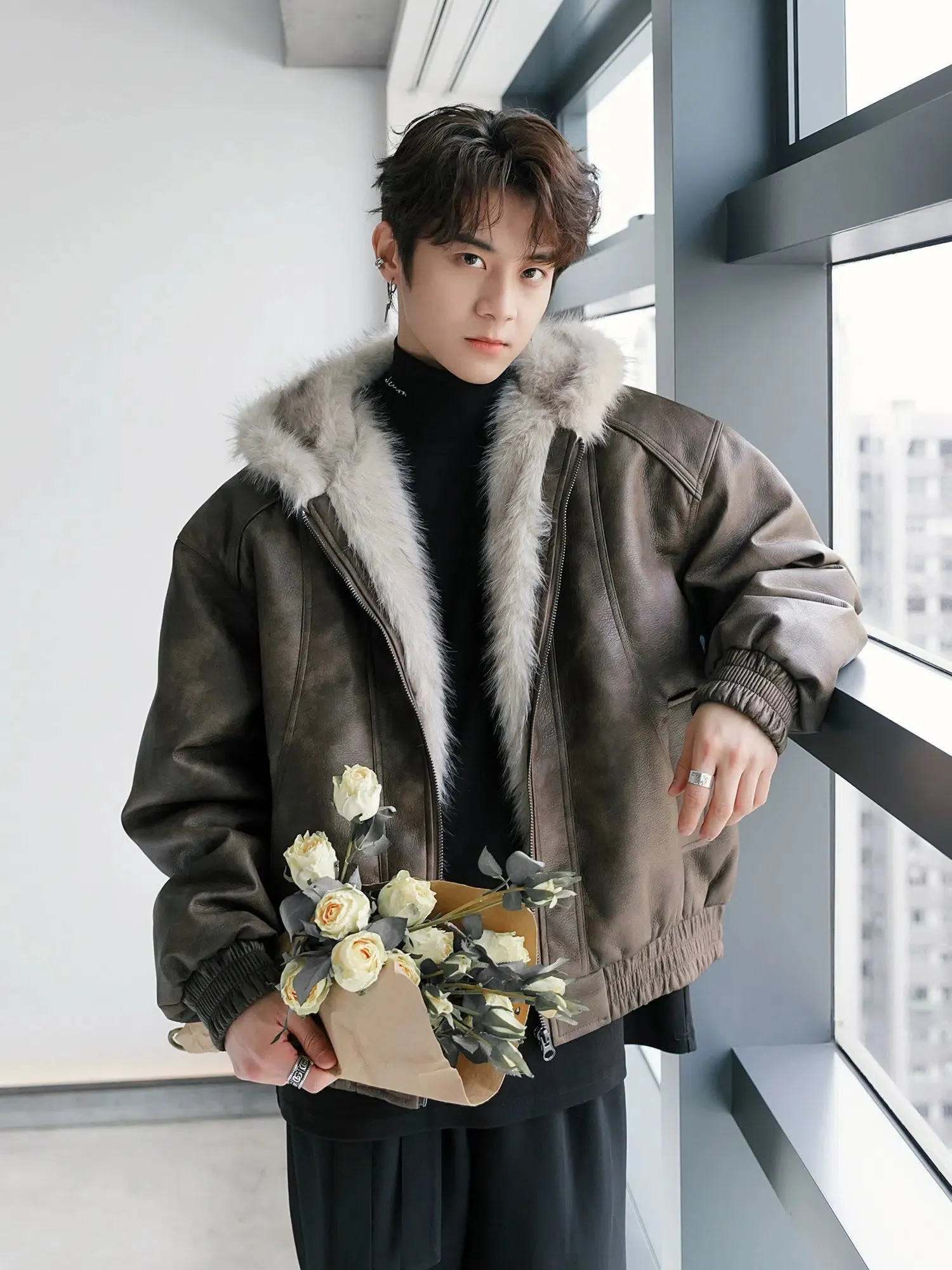 Imitation Mink Hooded Leather Jacket