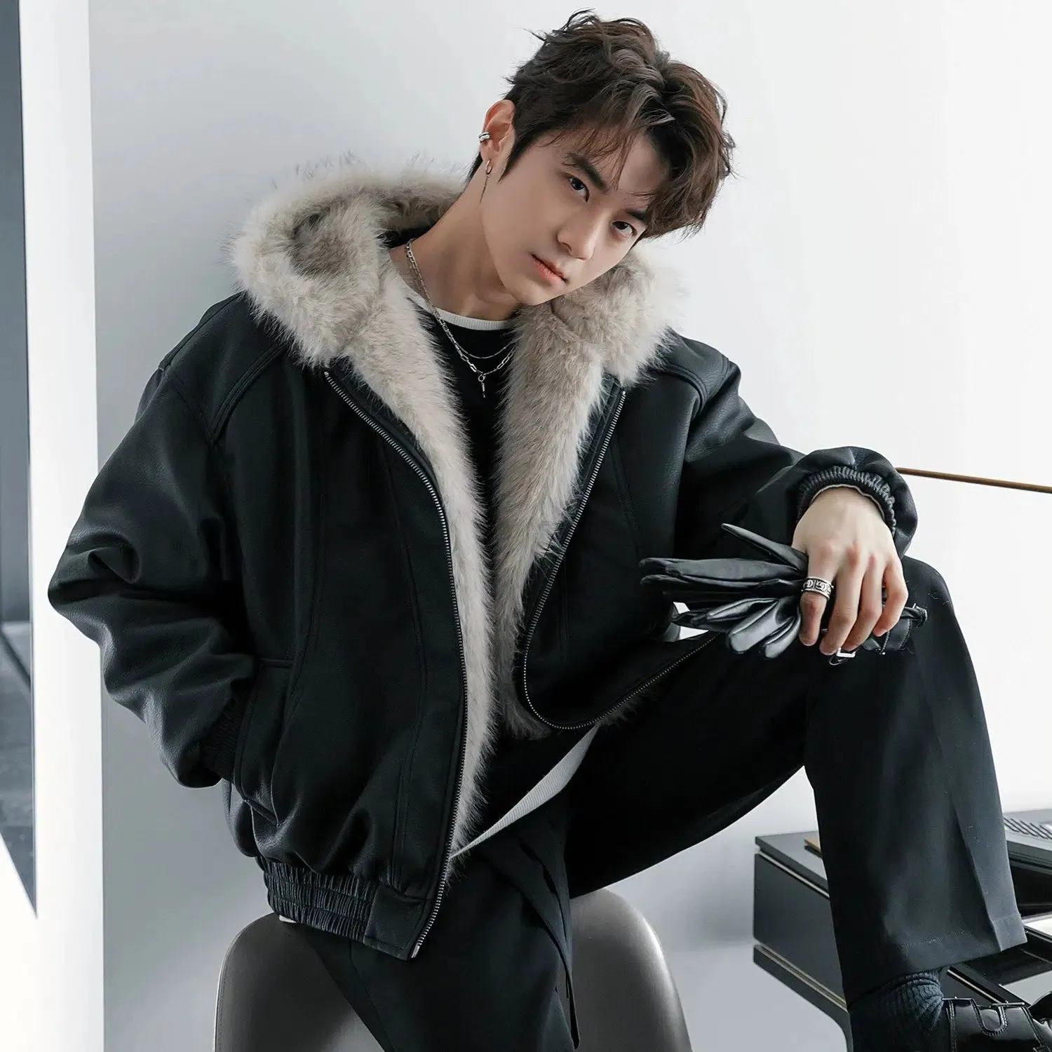 Imitation Mink Hooded Leather Jacket