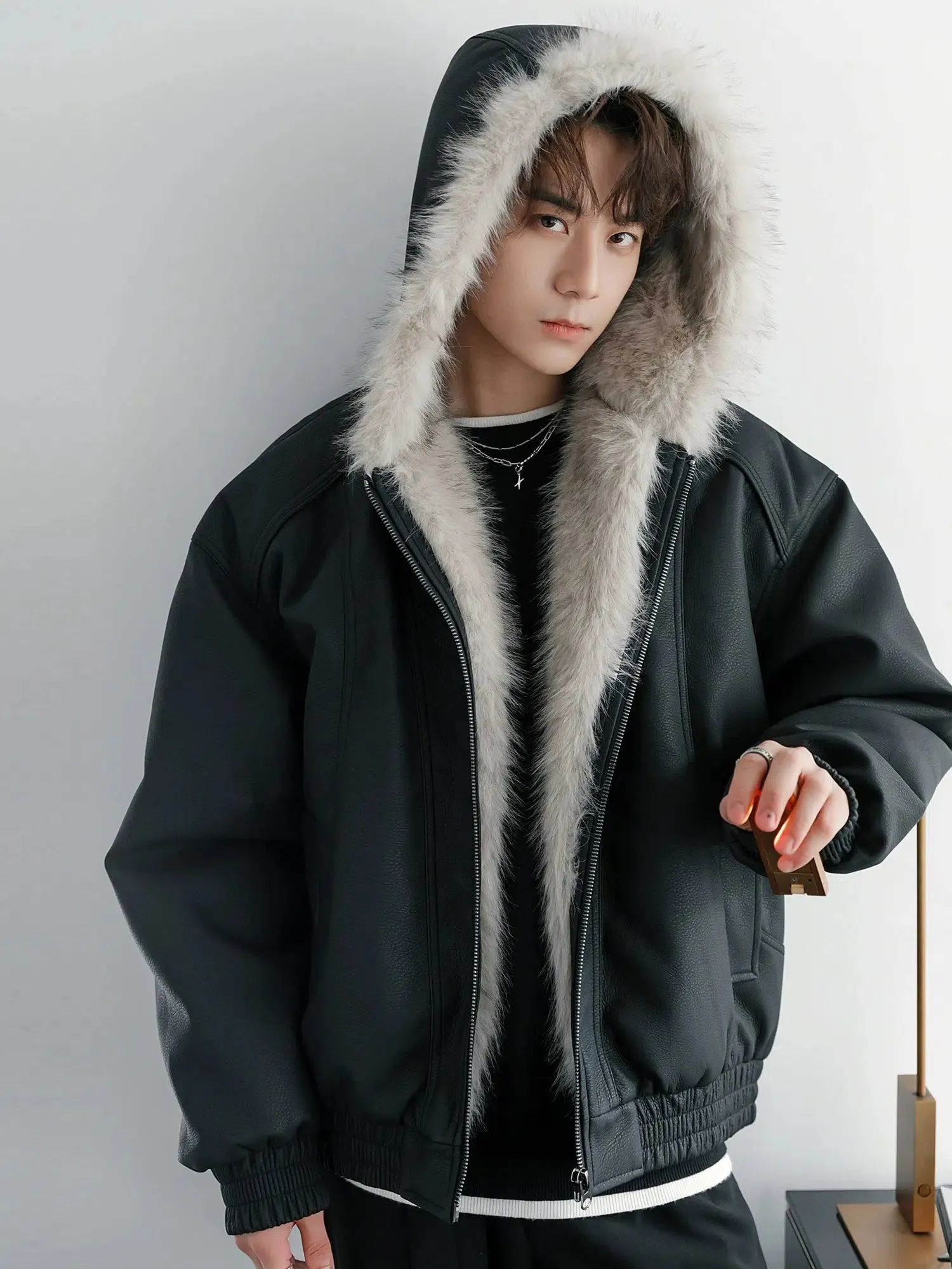 Imitation Mink Hooded Leather Jacket
