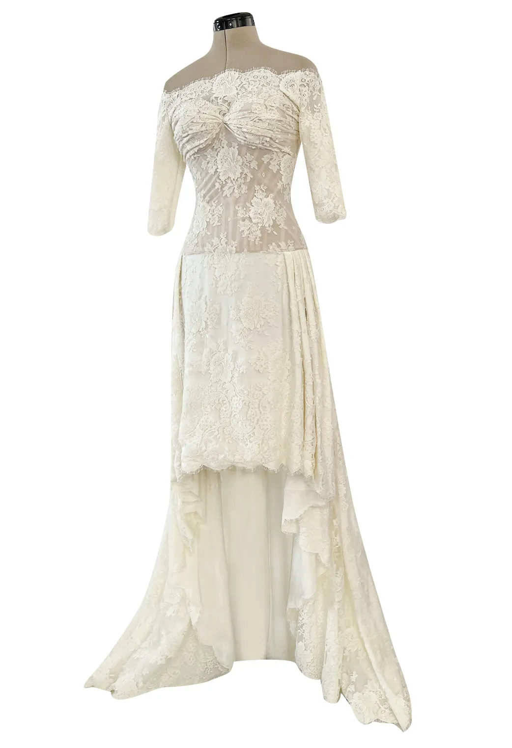 Incredible 2012 Alexander McQueen Ivory Lace Corseted Wedding Dress w High Front and Trained Back