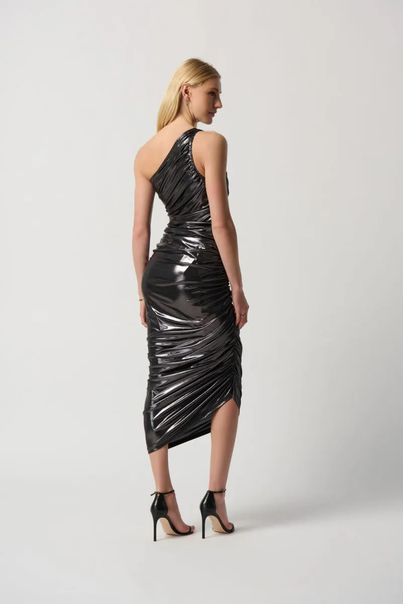 Joseph Ribkoff Gunmetal One-Shoulder Ruched Vinyl Bodycon Dress 234158