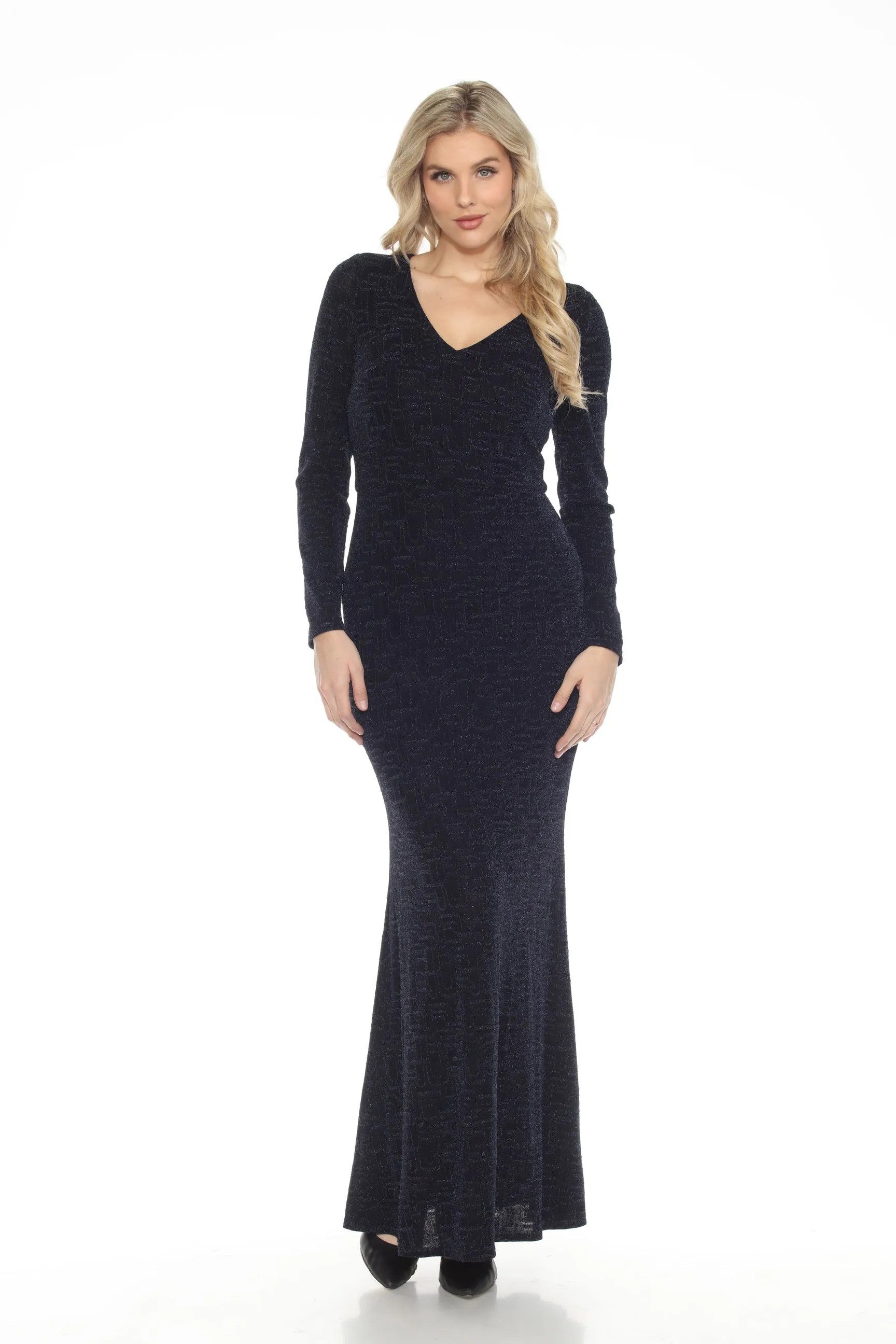 Joseph Ribkoff Navy Shimmery V-Neck Long Sleeve Evening Dress 243735