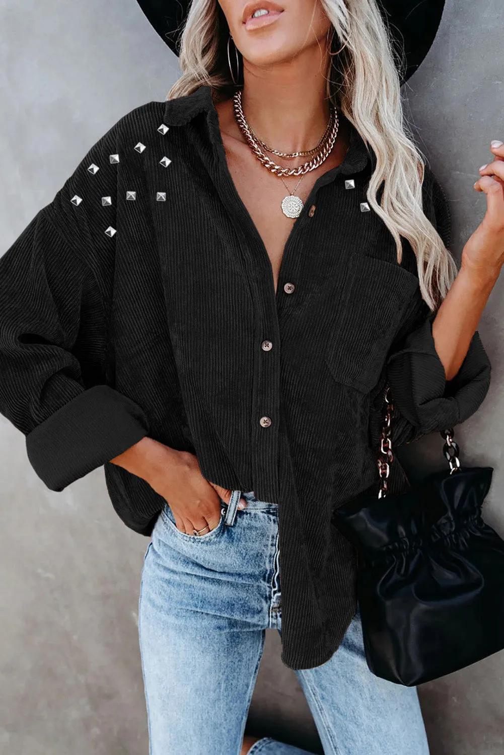 KaleaBoutique Beads Stud Corduroy Button up Shacket