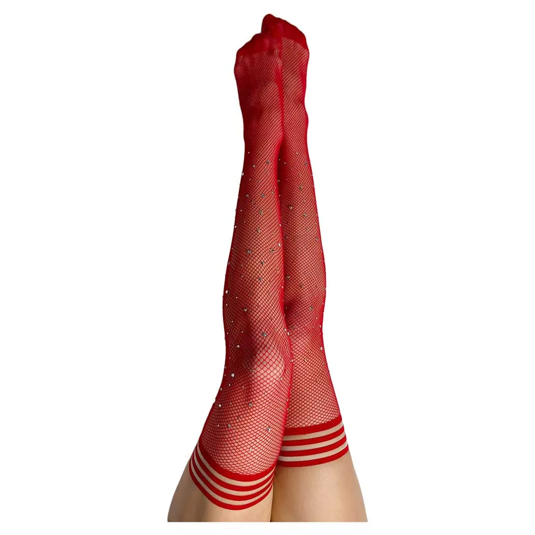 Kix'ies Joely Red Fishnet Thigh Highs with Rhinestones