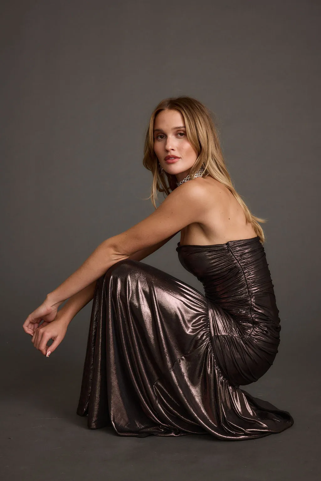 LaBelle Gunmetal Metallic Drop Waist Maxi Dress