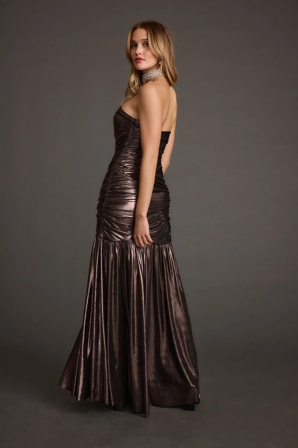 LaBelle Gunmetal Metallic Drop Waist Maxi Dress