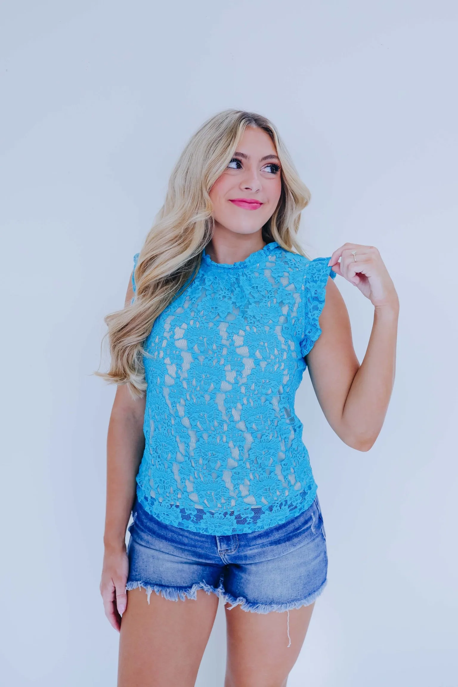 Lacey Ruffle Trim Top - Aqua Blue