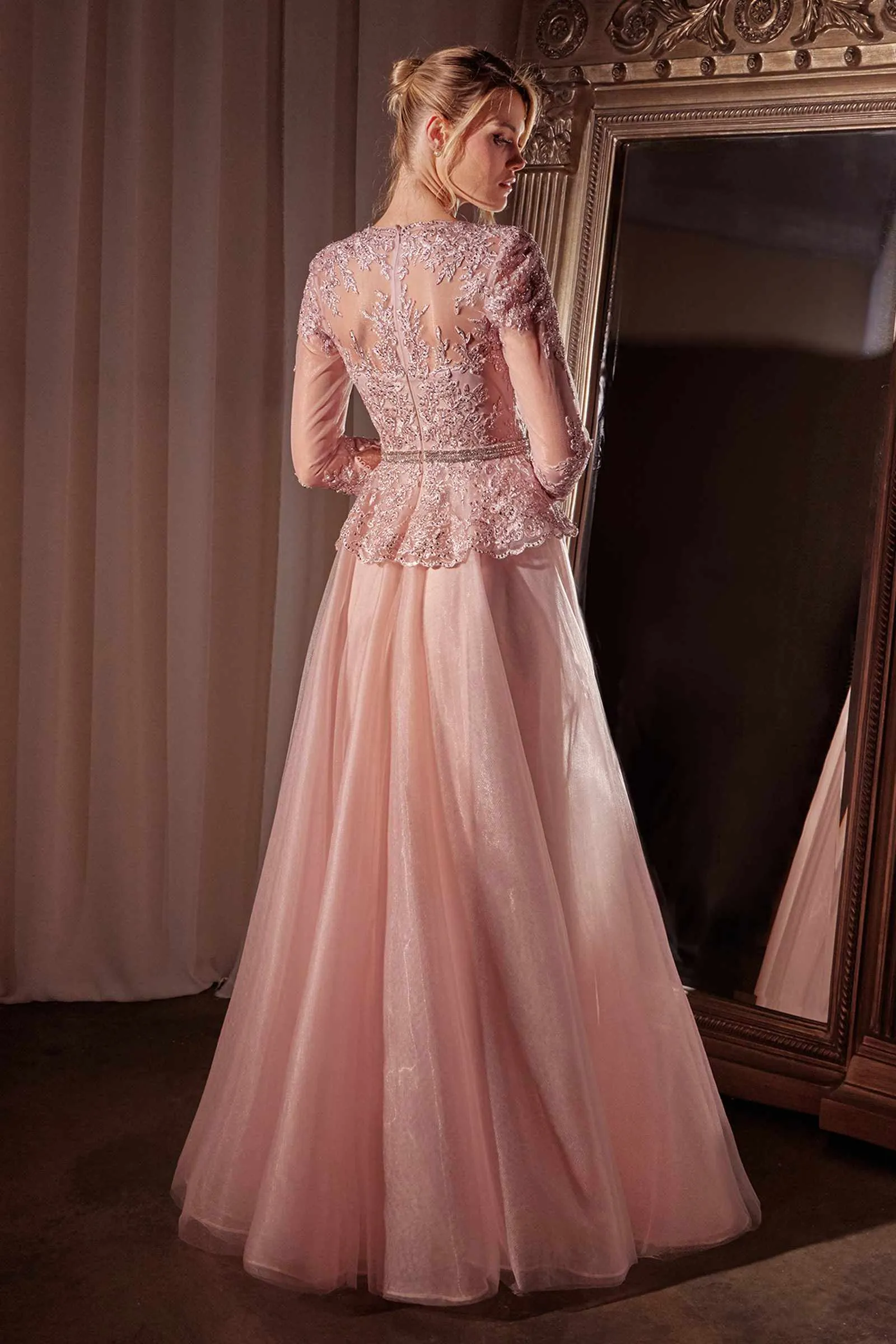 Ladivine CD789 Dress Three Quarter Sleeve Lace & Tulle A-Line Gown