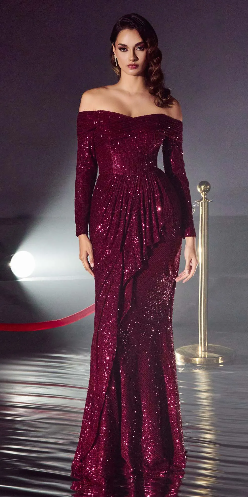 Ladivine CH135 Long Sequin Off the Shoulder Long Sleeve Gown