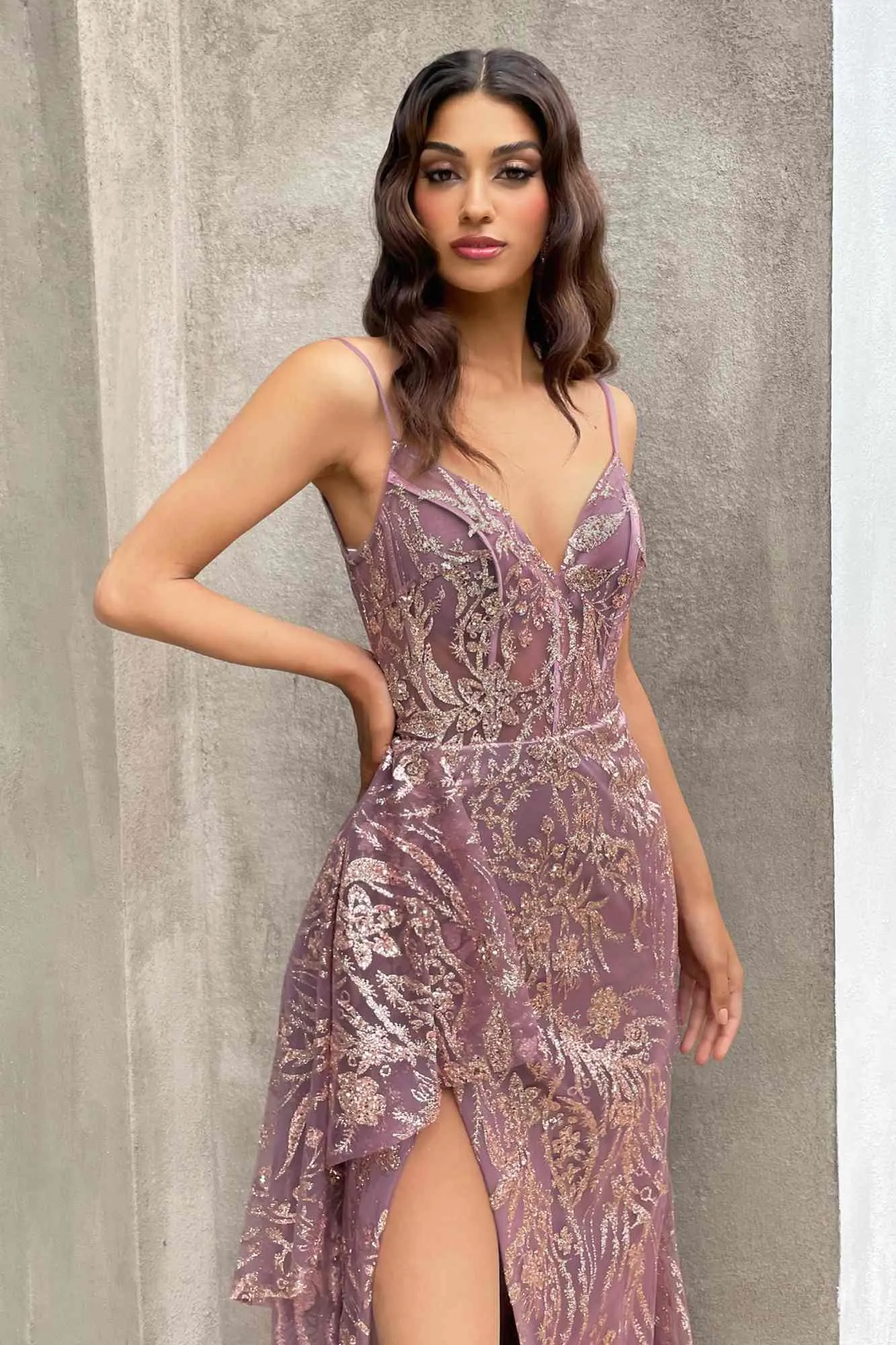 Ladivine J856 Floor Length Fit and Flare Glitter Print Gown Side Peplum