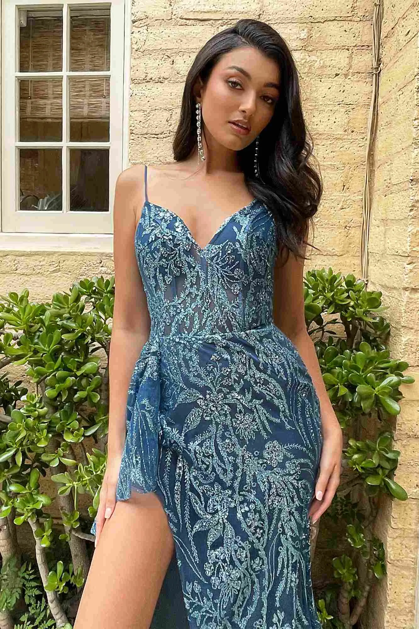 Ladivine J856 Floor Length Fit and Flare Glitter Print Gown Side Peplum