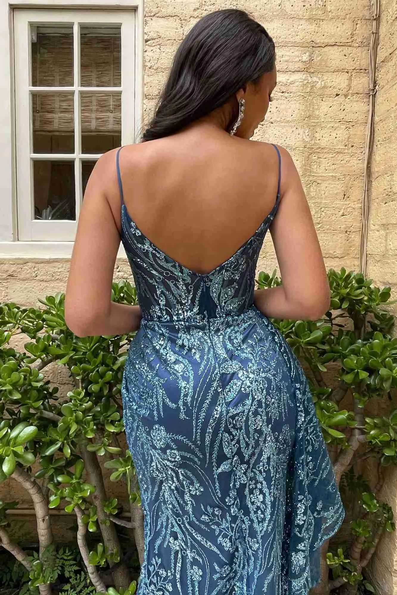 Ladivine J856 Floor Length Fit and Flare Glitter Print Gown Side Peplum