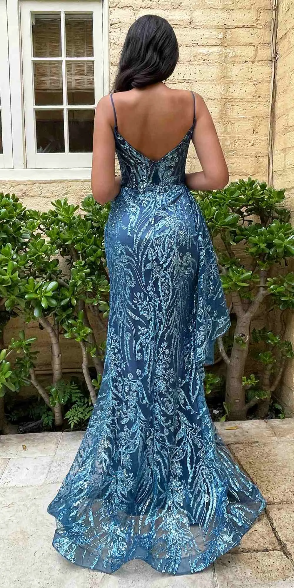 Ladivine J856 Floor Length Fit and Flare Glitter Print Gown Side Peplum