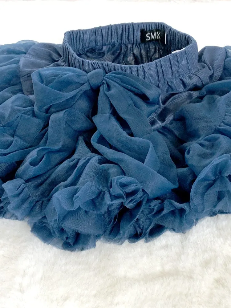 Layered Tutu Party Skirt with Bow Detail - Dark Blue 0 to 5 years
