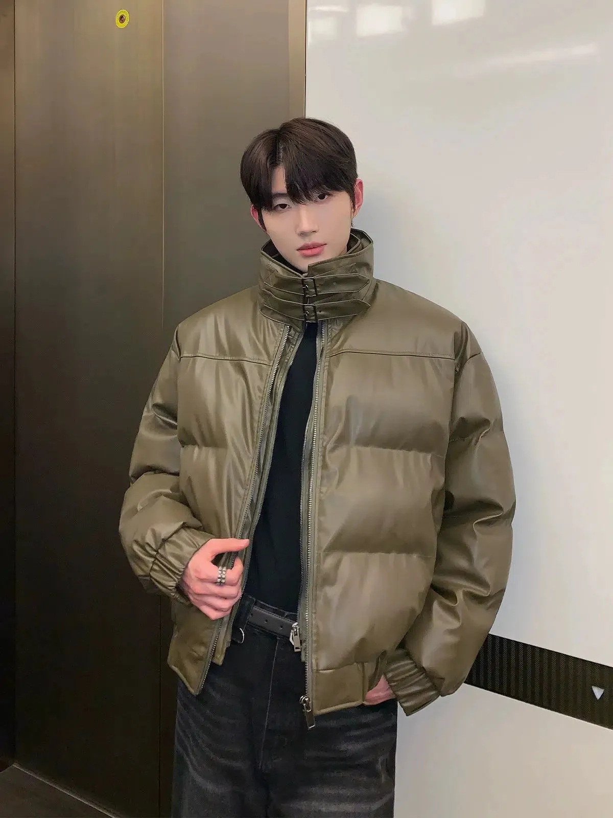 Leather Stand-up Collar Insulated Jacket