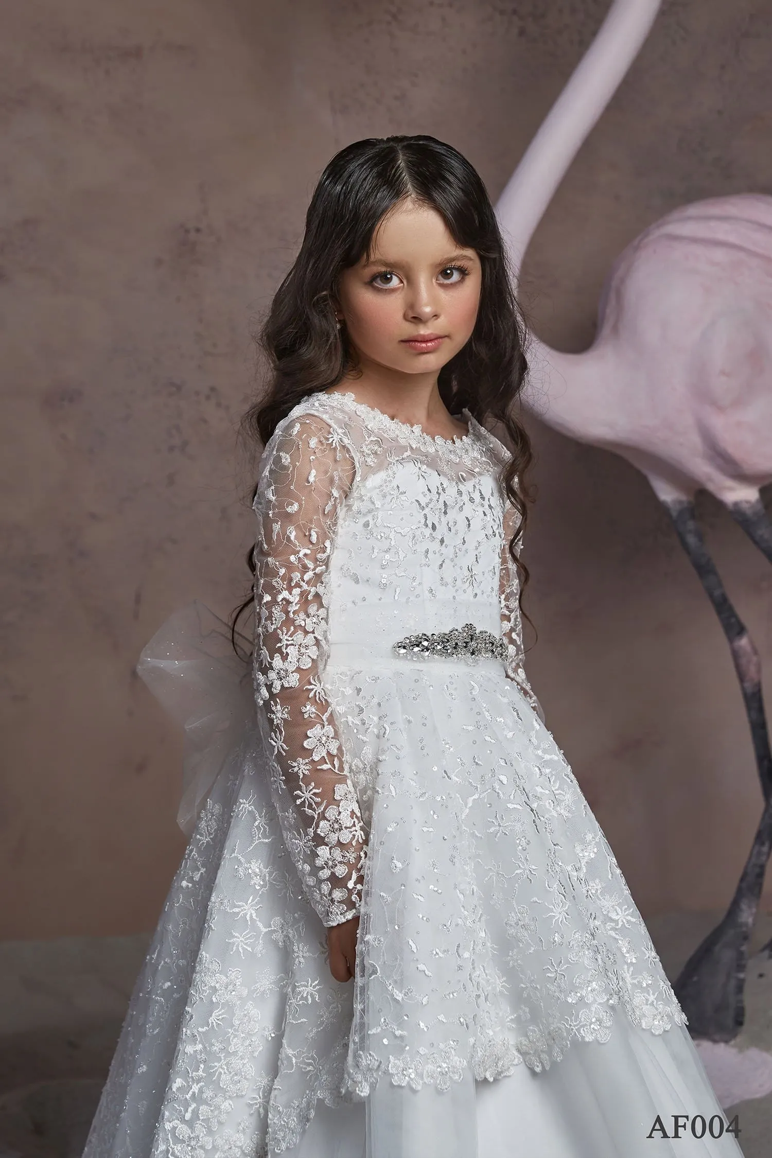 Long Sleeve Tulle and Lace Dress in Size 3T-4/Ivory