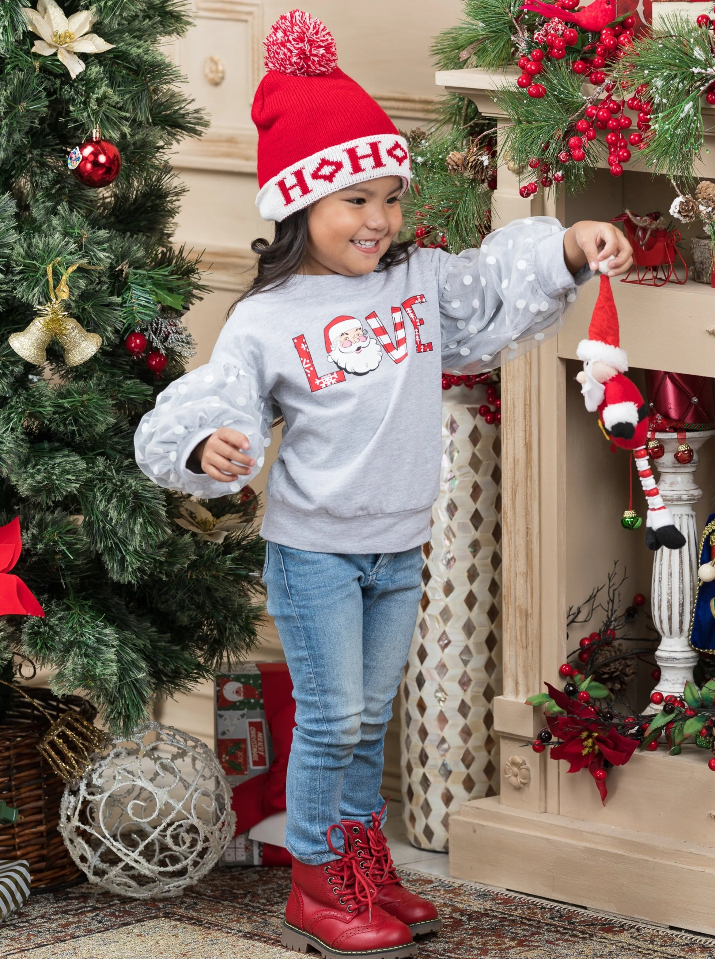 Love Santa Polka Dot Tulle Sleeve Top