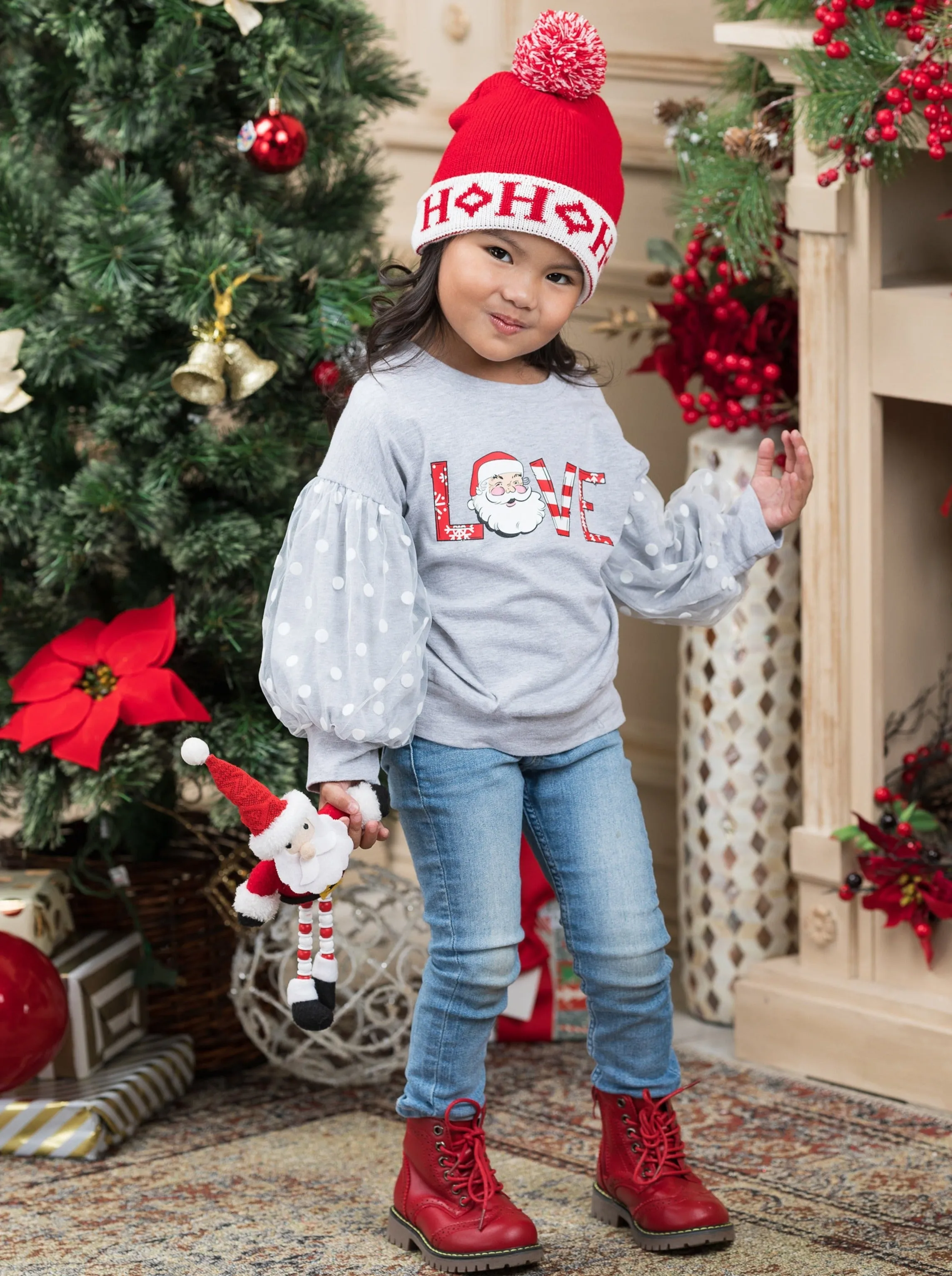 Love Santa Polka Dot Tulle Sleeve Top
