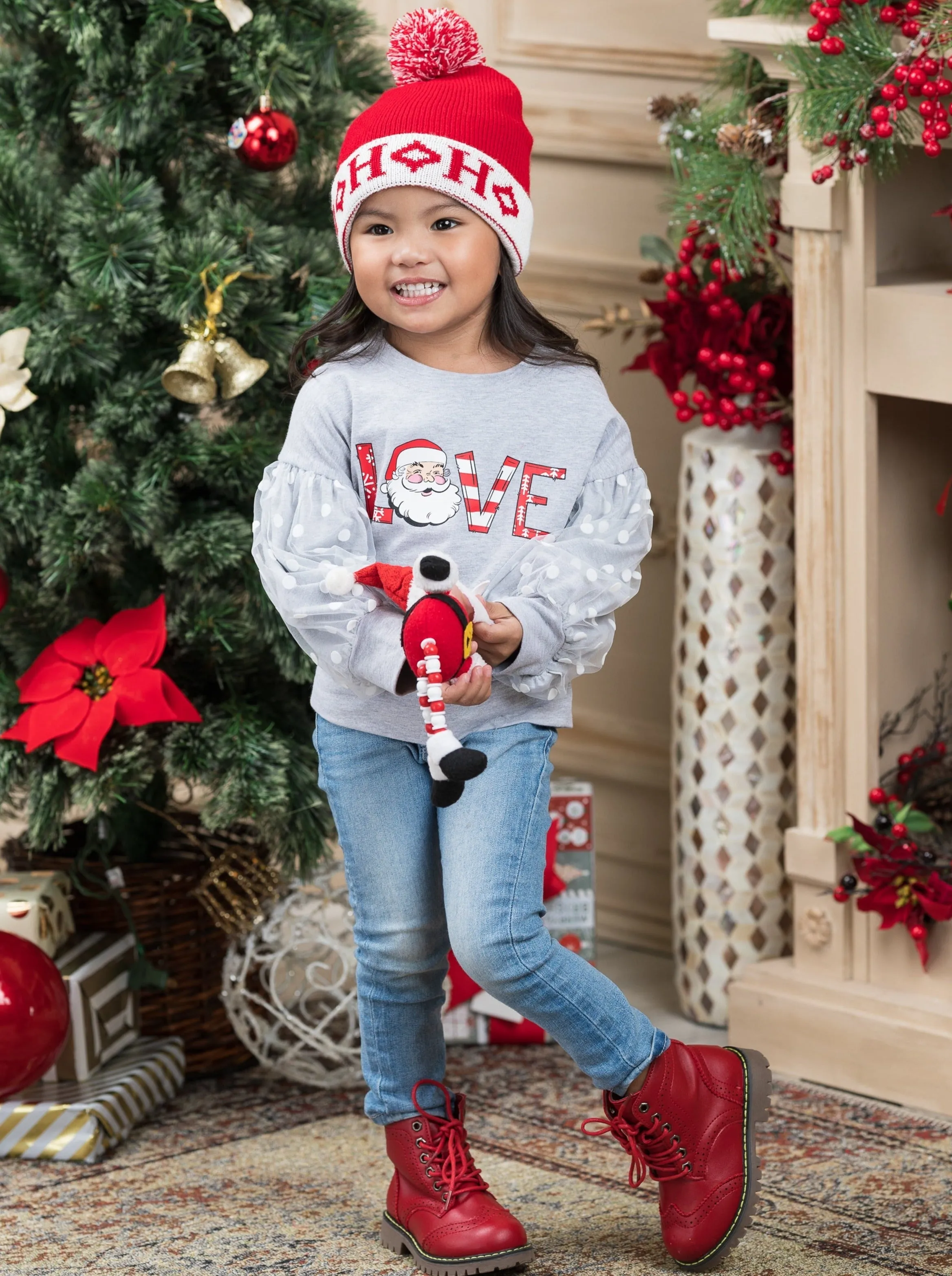 Love Santa Polka Dot Tulle Sleeve Top