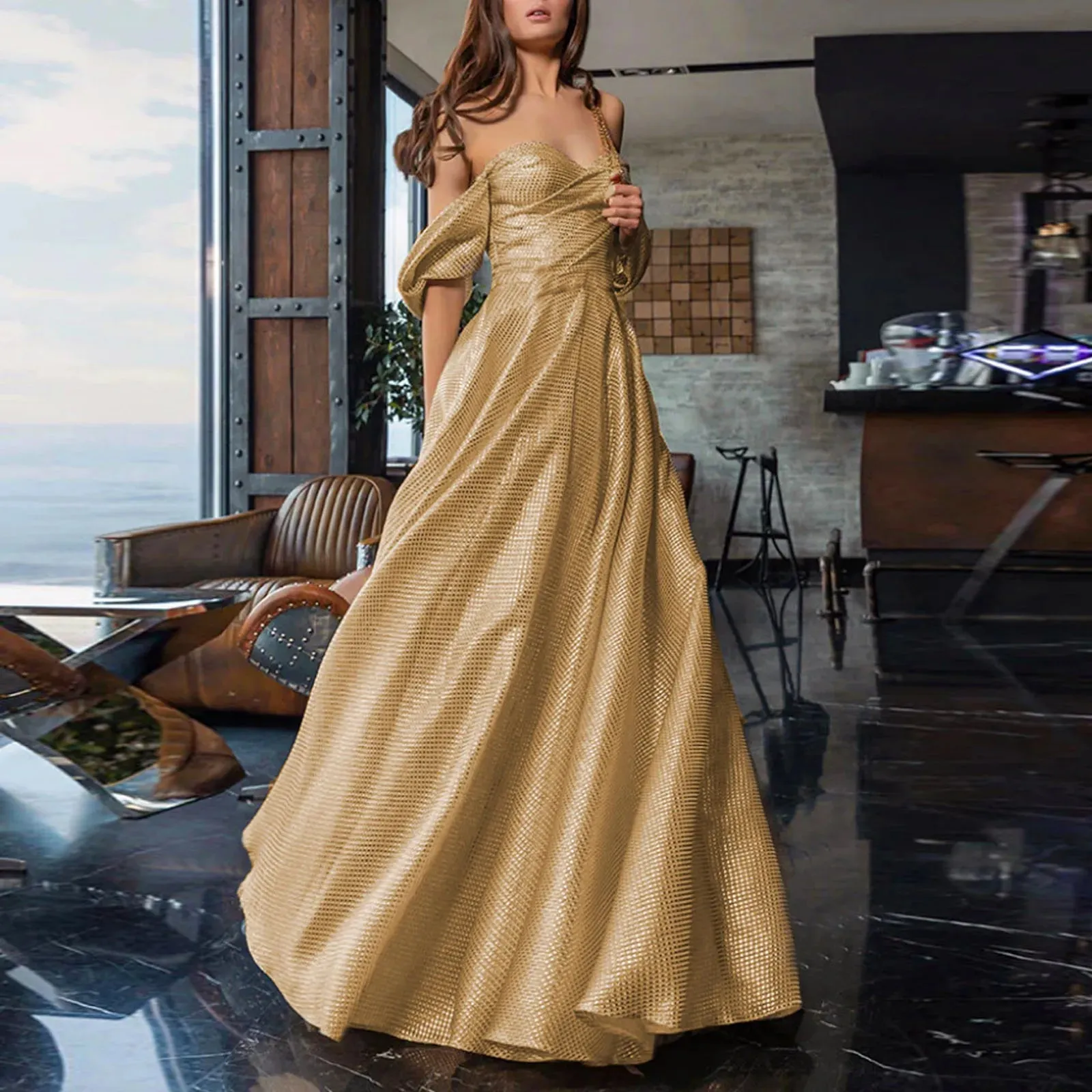Luxury Elegant A-line Gold Glitter Evening Prom Dress for Women Solid Formal Gown Dubai Shiny Special Occasion Gown Party Dress