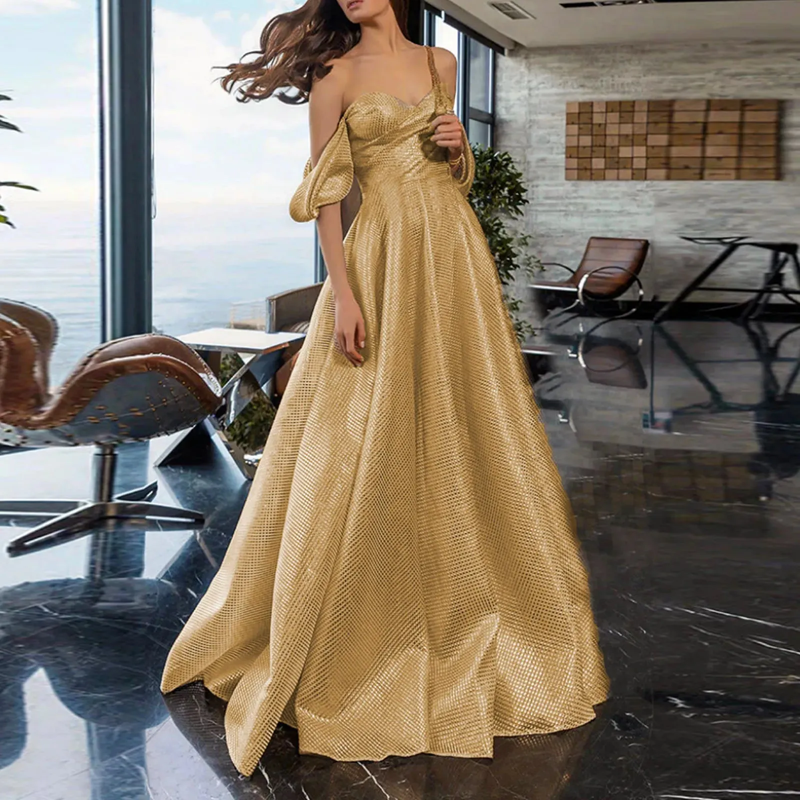 Luxury Elegant A-line Gold Glitter Evening Prom Dress for Women Solid Formal Gown Dubai Shiny Special Occasion Gown Party Dress