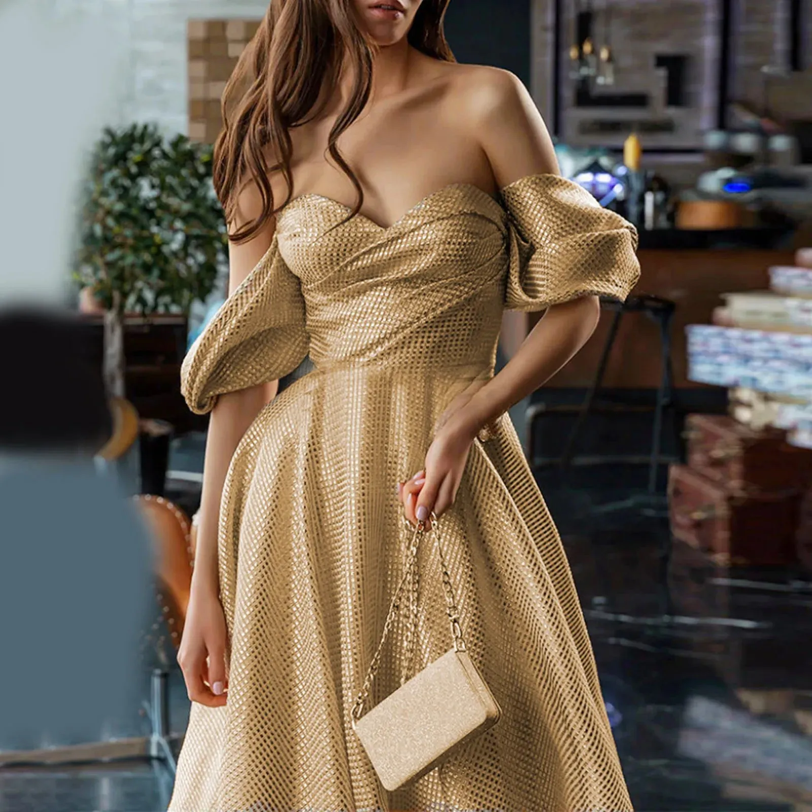 Luxury Elegant A-line Gold Glitter Evening Prom Dress for Women Solid Formal Gown Dubai Shiny Special Occasion Gown Party Dress
