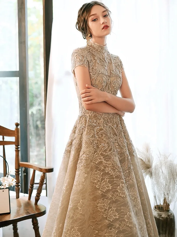 Luxury Lace Long Evening Dresses With Short Cap Sleeves Elegant Modest Neck High Low Prom Dresses