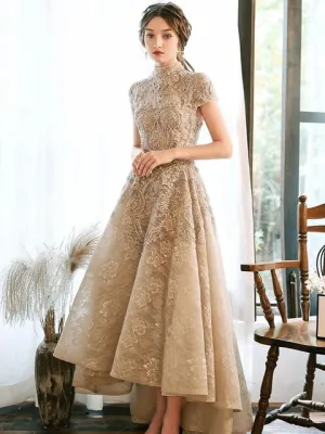Luxury Lace Long Evening Dresses With Short Cap Sleeves Elegant Modest Neck High Low Prom Dresses