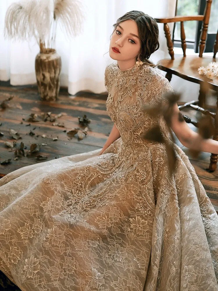 Luxury Lace Long Evening Dresses With Short Cap Sleeves Elegant Modest Neck High Low Prom Dresses