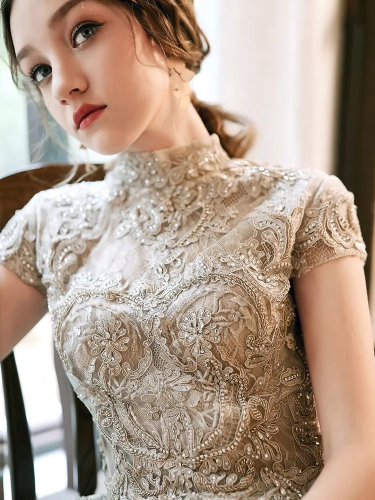 Luxury Lace Long Evening Dresses With Short Cap Sleeves Elegant Modest Neck High Low Prom Dresses