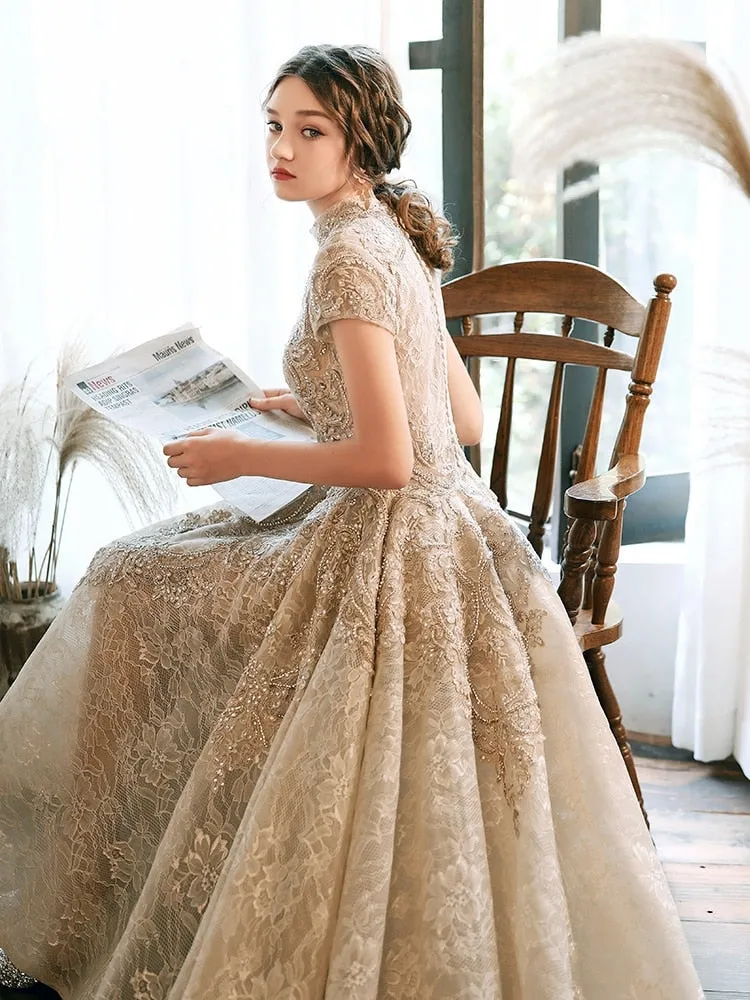 Luxury Lace Long Evening Dresses With Short Cap Sleeves Elegant Modest Neck High Low Prom Dresses