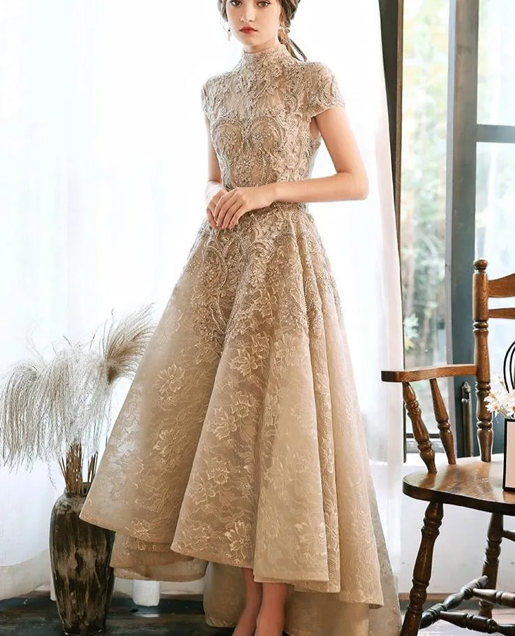 Luxury Lace Long Evening Dresses With Short Cap Sleeves Elegant Modest Neck High Low Prom Dresses
