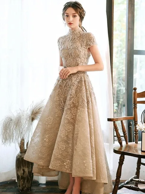 Luxury Lace Long Evening Dresses With Short Cap Sleeves Elegant Modest Neck High Low Prom Dresses
