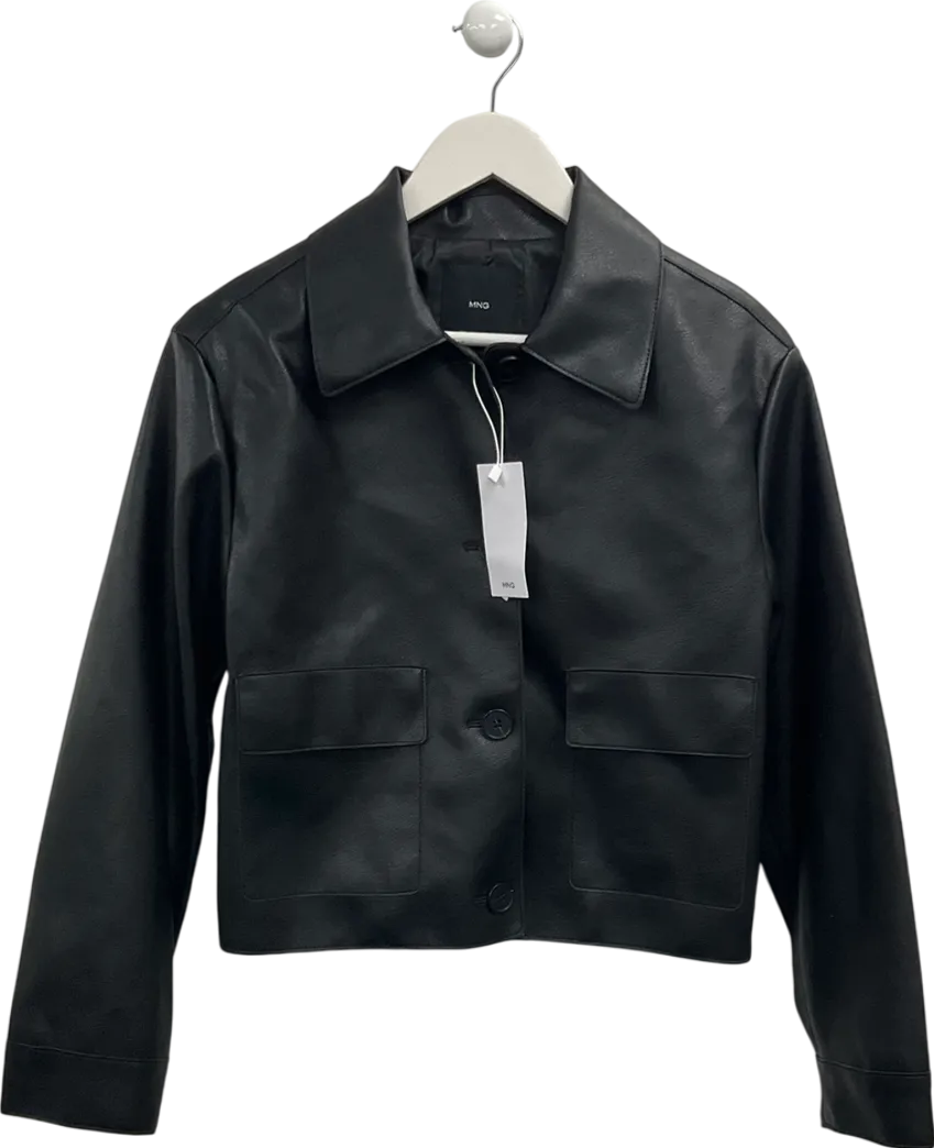 MANGO Black Leather Effect Jacket With Pockets UK S