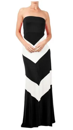 Maxi Dress Strapless Asymmetric Black White