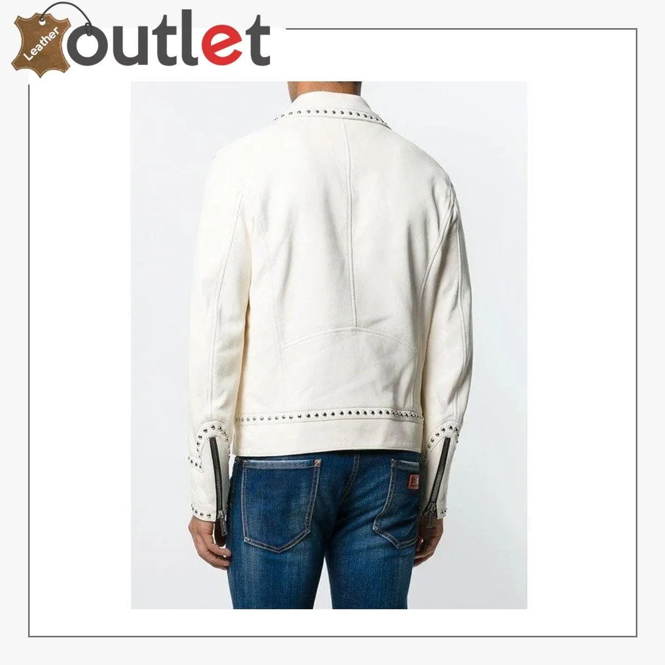 Men White Studded Leather Jacket, Motorcycle Fashion Leather Jackets