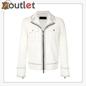 Men White Studded Leather Jacket, Motorcycle Fashion Leather Jackets