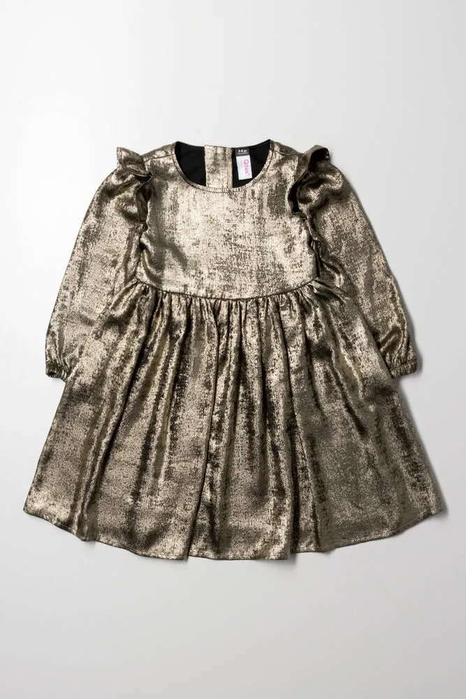 Metallic Frill Sleeve Dress Gold