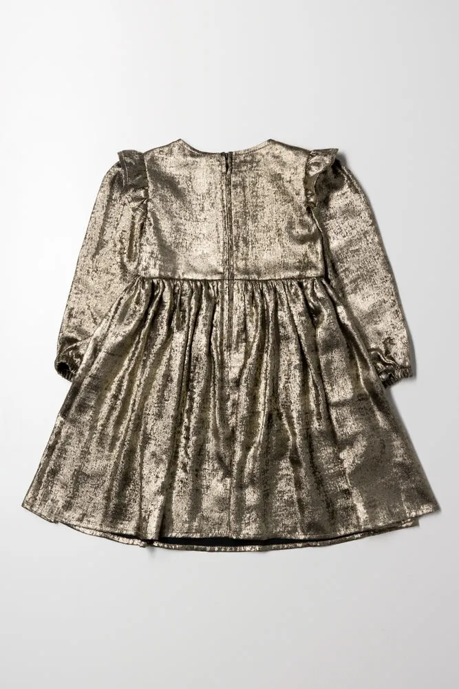 Metallic Frill Sleeve Dress Gold