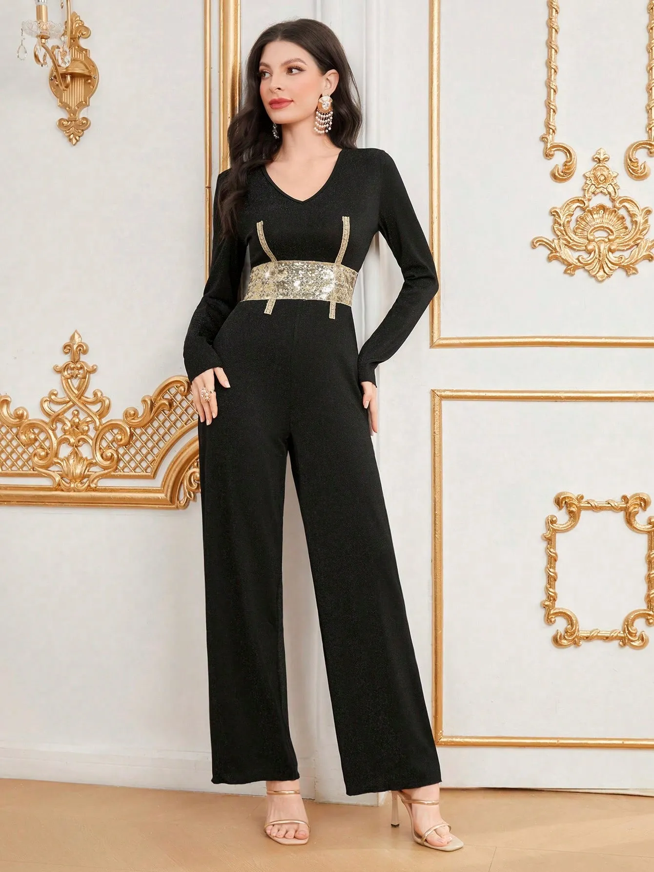 Modely Colorblock Sparkly Panel V-Neck Long Sleeve Jumpsuit