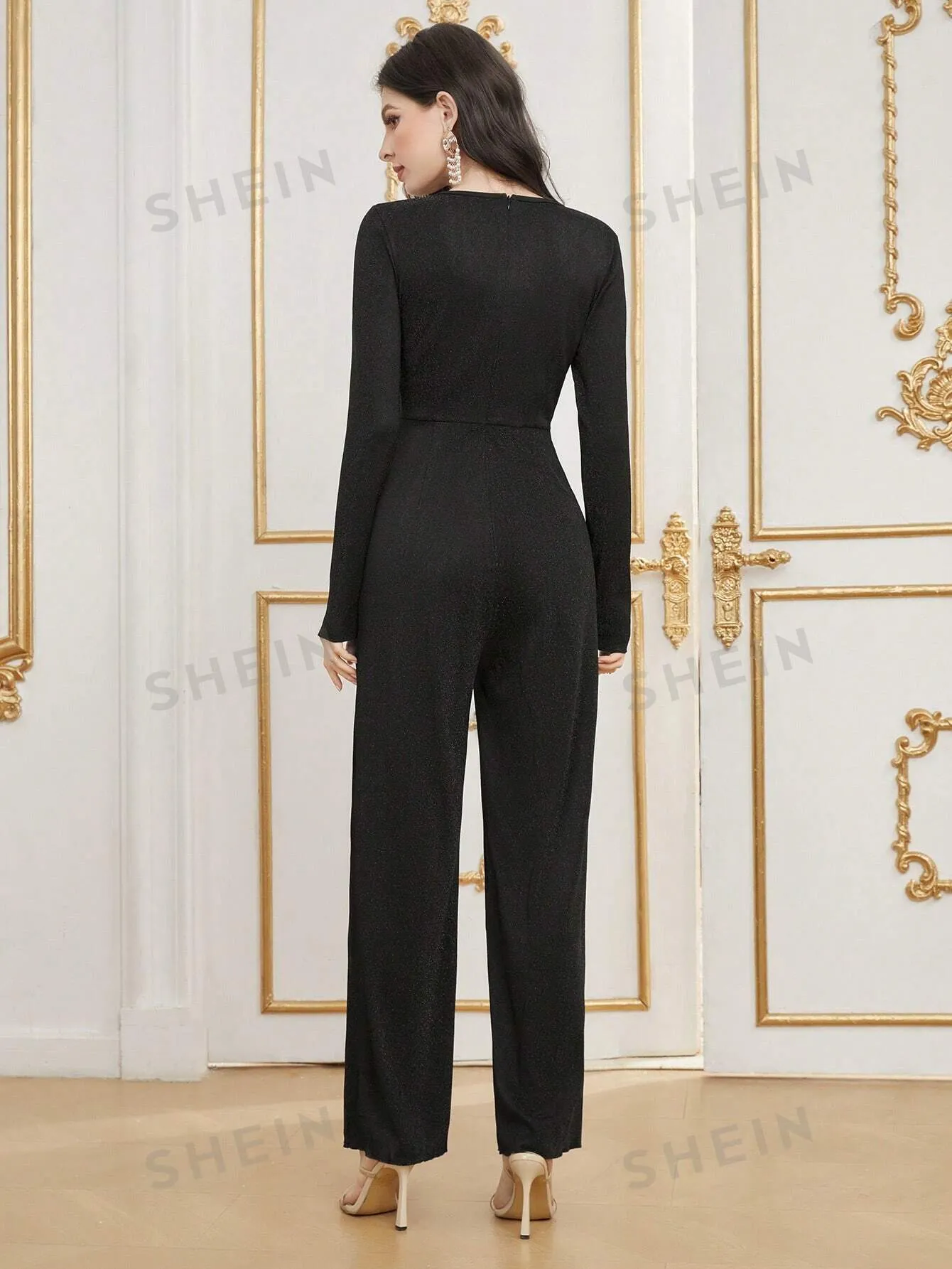 Modely Colorblock Sparkly Panel V-Neck Long Sleeve Jumpsuit