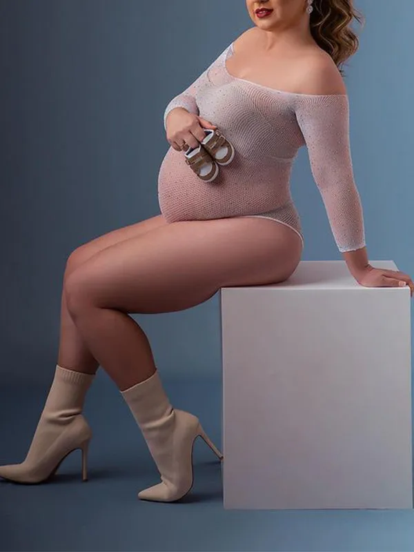 Momfancy White Off Shoulder Sparkly Maternity Photoshoot Body Rhinestones Crystal Bodysuit