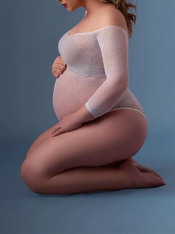 Momfancy White Off Shoulder Sparkly Maternity Photoshoot Body Rhinestones Crystal Bodysuit