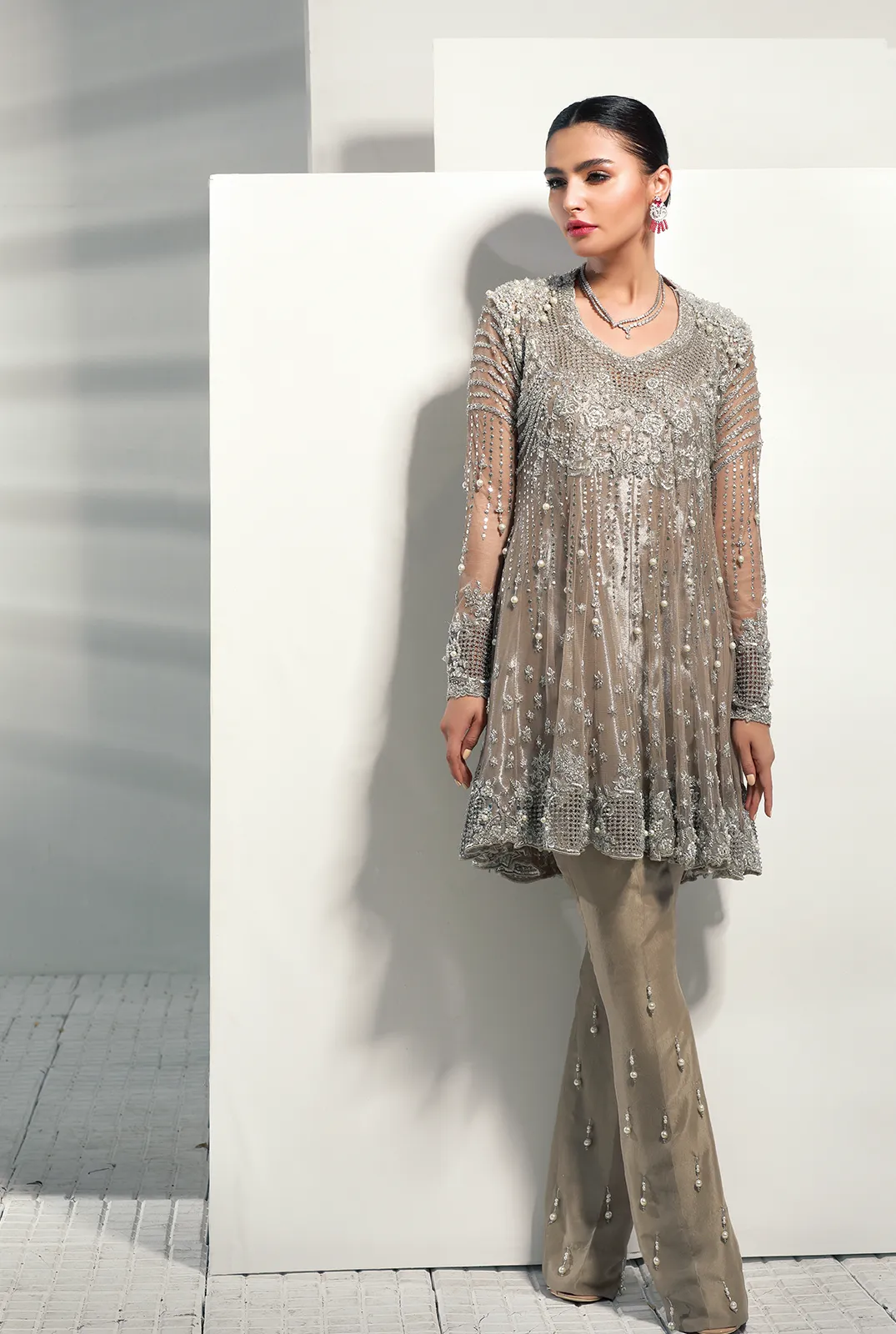 Nikah Peplum Dress with Zardozi Work in Gray Color #Y6131