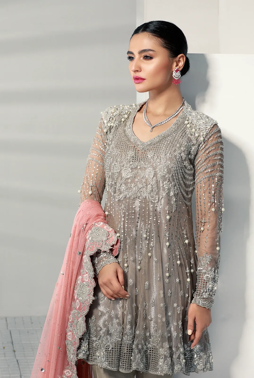 Nikah Peplum Dress with Zardozi Work in Gray Color #Y6131